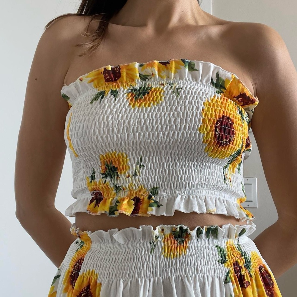 White & yellow sunflower smocked strapless tube top & midi skirt set | Size S - Picture 3 of 5